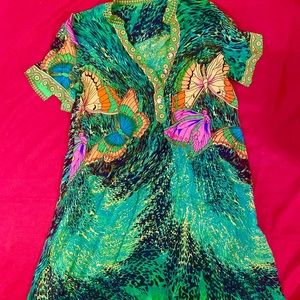 Green yellow and black butterfly dress - crepe de chine silk fabric